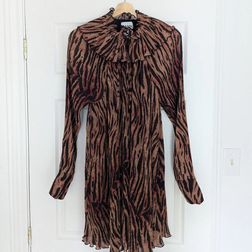 Ganni Tiger-Print Mini Dress in Brown and Black - Picture 3 of 6